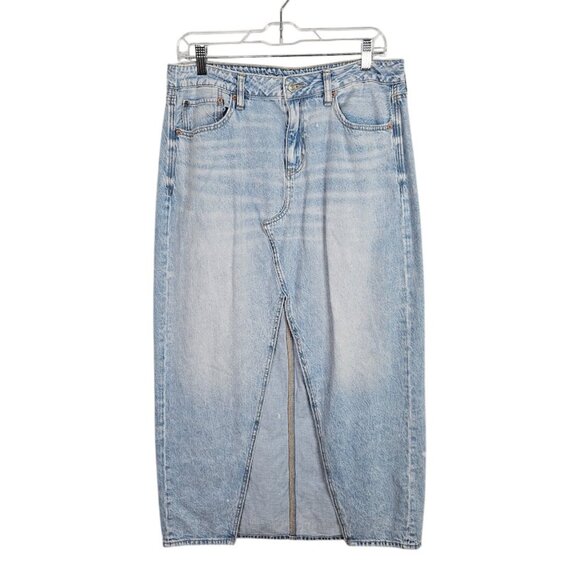 AMERICAN EAGLE Denim Maxi Skirt Jean LIGHT WASH BLUE size 8 Low Rise Long Retro - Picture 1 of 9